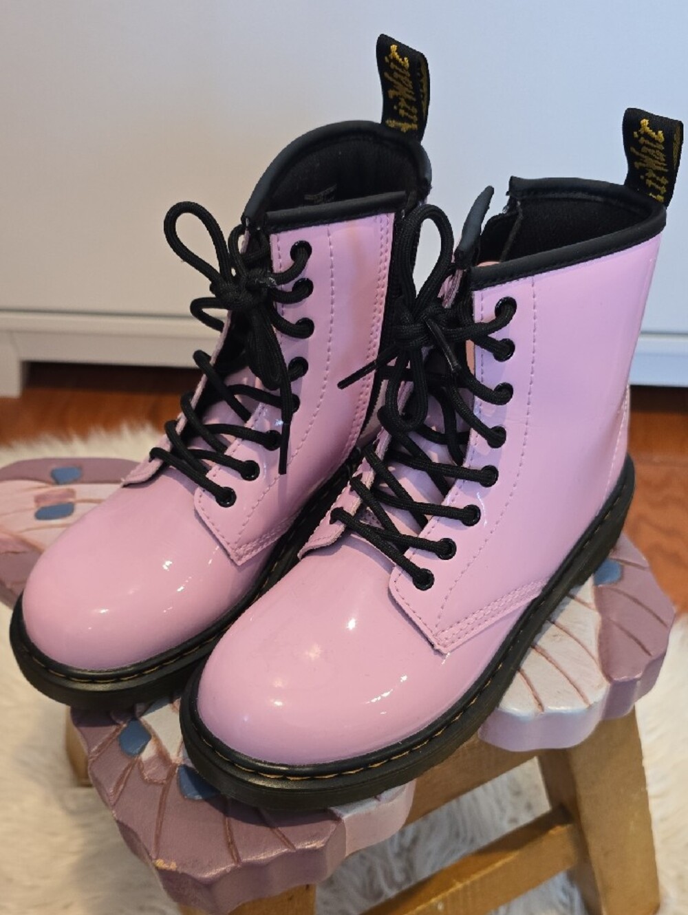 Dr. Martens Kids Pink Patent Lace-Up Booties with Black Trim